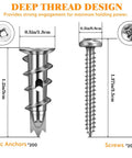 Close-up of zinc self-drilling drywall anchor and screw with dimensions for Bulk 400 Piece Zinc Self Drilling Drywall Anchors And Screws Kit.