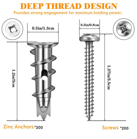 Close-up of zinc self-drilling drywall anchor and screw with dimensions for Bulk 400 Piece Zinc Self Drilling Drywall Anchors And Screws Kit.