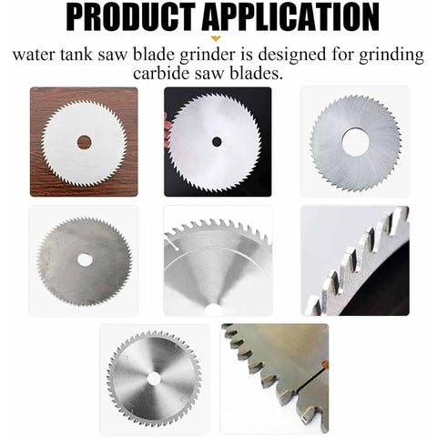 Heavy Duty Electric Circular Saw Blade Sharpener With Five Inch Grinding Wheel And Water Reservoir For Carbide Inserts 550 Watt Motor built for grinding carbide saw blades.