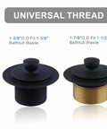 Matte black tub drain components, front view: left plastic threaded drain, right brass threaded waste with trim.