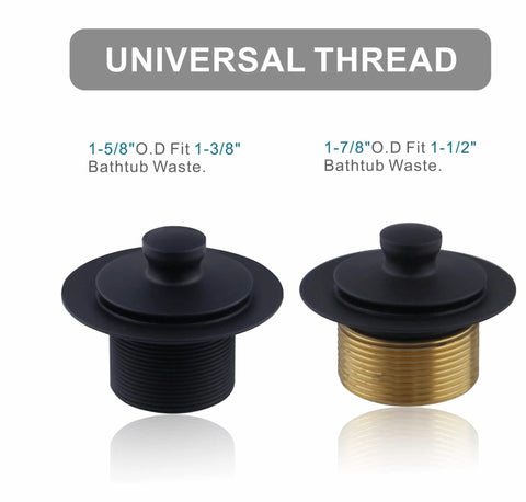 Matte black tub drain components, front view: left plastic threaded drain, right brass threaded waste with trim.