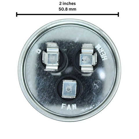 Top view of Beefy Dual Run Capacitor 30/5 uF 370/440V For AC Units And Heat Pumps showing fan and herm terminals.