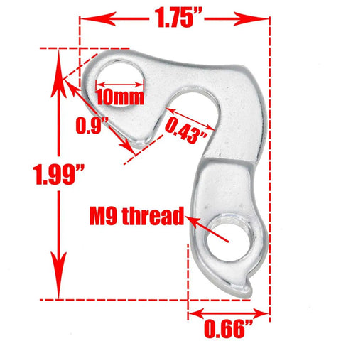 Two Pack Bicycle Derailleur Hanger With M9 Thread For Emergency Repairs, shows dimensions with M9 thread, fits most bikes.