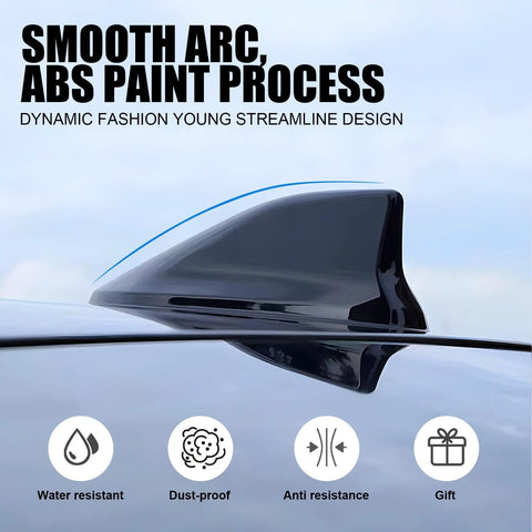 Close-up of black car roof with 1 Piece Car Shark Fin Antenna Replacement Cap With ABS Painted Shark Fin Tail Waterproof Rubber Ring Stable Signal Reception Black Roof Decorative Antenna For Cars Dope Look.