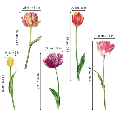 Five Large Tulip Wall Decals Set Garden Floral Wall Art Stickers for Bedroom and Living Room showing five colorful tulips