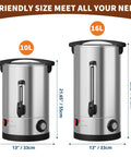 Heavy Hitter Double Wall Stainless Steel Coffee Urn Commercial Hot Beverage Dispenser Holds 110 Cups size comparison 10L and 16L models.