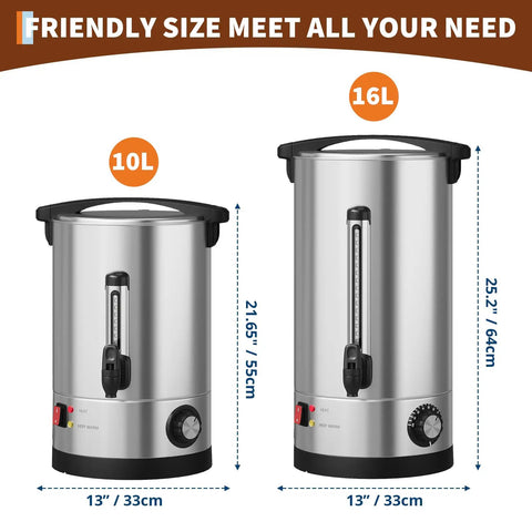 Heavy Hitter Double Wall Stainless Steel Coffee Urn Commercial Hot Beverage Dispenser Holds 110 Cups size comparison 10L and 16L models.