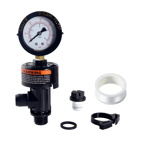 Air relief valve assembly with 190058 pressure gauge for Pentair pool filter; includes adapters and mounting hardware