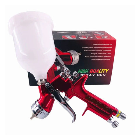Top Tier Handheld Paint Sprayer With Heavy Duty Brass Tip For Car Detailing And Home Projects Delivers Frickin Smooth Coverage Lightweight Grip Satisfies Pros And DIYers Alike, showing red spray gun with cup.