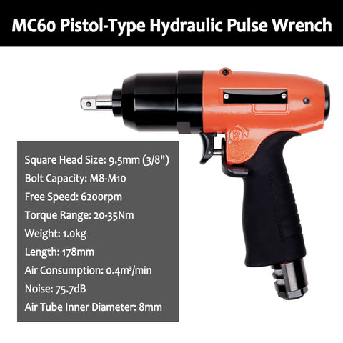 Heavy Hitting Workhorse Pistol Grip Pneumatic Pulse Torque Wrench Featuring Knockout Power And Quick Swap Self Locking Chuck With Forward Reverse Switch Quarter Inch Air Input For Garage Crews, detailed view of the wrench with specifications.