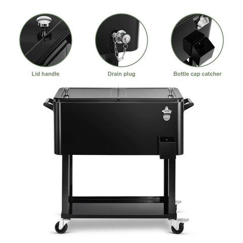 80 Quart Black Rolling Ice Chest Cooler Cart On Wheels For Patio And Backyard Parties, front view with lid handle, drain plug, bottle cap catcher.