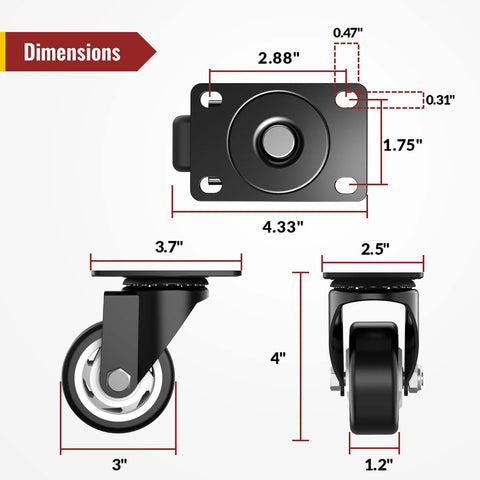 Dimensions diagram of heavy duty 3 inch swivel caster wheels showcasing measurements and design features for optimal mobility.