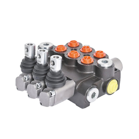 Three Spool Hydraulic Valve With 13GPM Flow And 3600PSI Rating, Directional Control Valve With SAE Ports shown at an angle