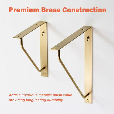 Four Pack Straight Up Premium Solid Gold Brass L Shaped Shelf Brackets With Screws mounted on a wall, featuring a sleek design.