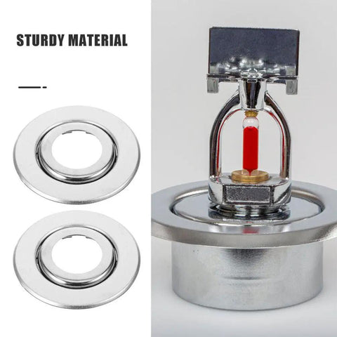 Heavy Duty Stainless Steel Double Disc Fire Sprinkler Cover Plates 20 Pack Ceiling Escutcheon Concealment Kit showing two round plates and sprinkler head.