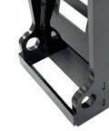 X Change Quick Hitch Coupler For Mini Excavators, black coated steel attachment, detail view of pin holes at base, heavy-duty construction