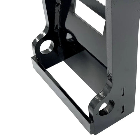X Change Quick Hitch Coupler For Mini Excavators, black coated steel attachment, detail view of pin holes at base, heavy-duty construction