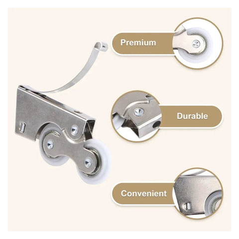 Heavy Duty Caster Wheels With Dual Locking Brakes Double Roller Design For Sliding Doors And Wardrobe Tracks featuring durable steel with smooth white rollers.