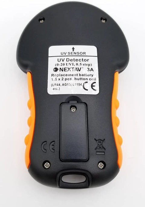 Back view of Portable Handheld Sun UV Detector For Measuring UV Levels Outdoors Easy To Use Sunlight UV Meter with battery instructions