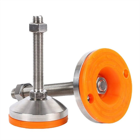 Top Shelf 4 Pack Adjustable Leveling Feet Solid Stainless Steel Screw Mounts For Couches Tables Home Gear with orange non-slip pads.