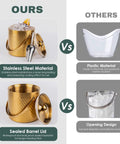 Comparison of Gold Double Wall Insulated Ice Bucket With Lid And Scoop Keeps Drinks Frosty All Night Long backyard bash essential against plastic alternatives.