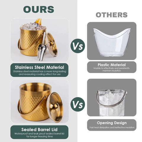 Comparison of Gold Double Wall Insulated Ice Bucket With Lid And Scoop Keeps Drinks Frosty All Night Long backyard bash essential against plastic alternatives.