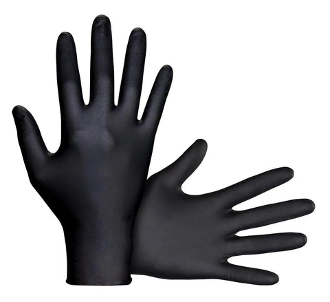 A pair of Raven Powder Free Nitrile Disposable Gloves X Large 7 Mil Thick Pack Of 100 Black Ambidextrous Exam Grade All Day Tough Hand Protection