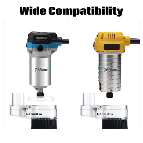 Image showing Genmitsu CNC dust shoe attached to 65mm and 69mm spindles for compact routers with 38mm hose adapter compatibility.