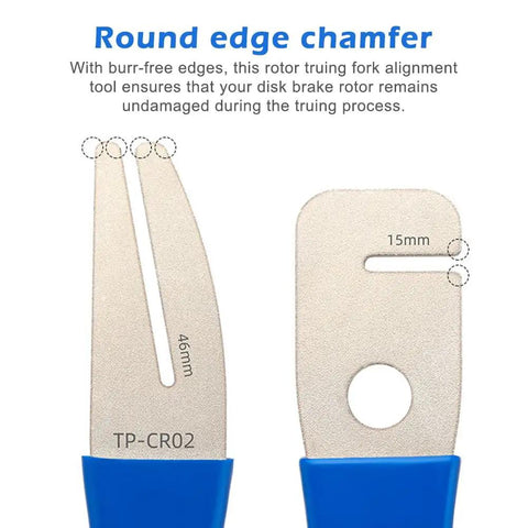 Rotor Truing Fork Tool For Bike Disc Alignment And Rotor Straightening No Fuss Blue Bicycle Disc Rotor Alignment Tool For MTB And Road Bikes Brake Pad And Rotor Alignment Tool, close-up of edges and dimensions 46mm, 15mm for precise use.