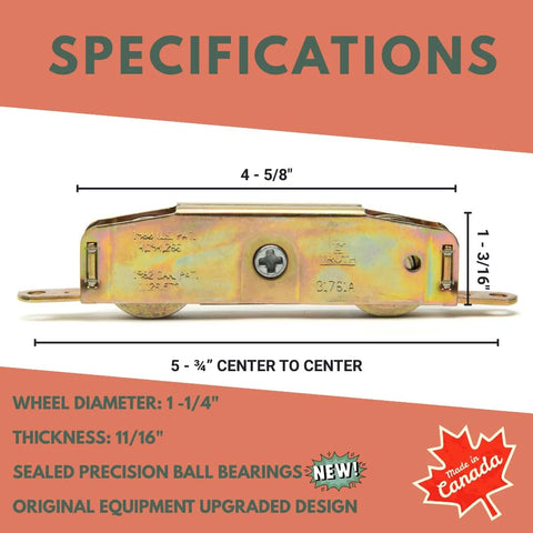 Side view of 39.10 Sliding Patio Door Tandem Roller Replacement for Wood, Aluminum, and Vinyl Doors showing specifications.