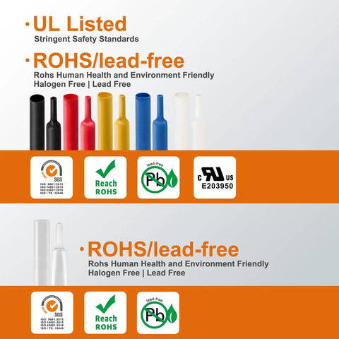 Extra Long Heat Shrink Tubing Kit 172 Pcs, 40 Sizes, 2 To 1 Shrink Ratio, ROHS lead-free certification badges