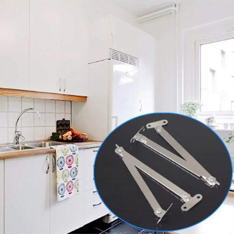 Heavy Duty Stainless Steel Lift Up Stay Cabinet Door Hinge Set 2 Pack for cupboards and cabinets, shown in modern kitchen setting