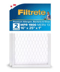 Two Pack Pleated Air Filter 16 By 25 By 1 Inch With MERV 13 And MPR 1900 For AC And Furnace displayed in packaging