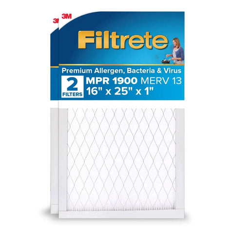 Two Pack Pleated Air Filter 16 By 25 By 1 Inch With MERV 13 And MPR 1900 For AC And Furnace displayed in packaging