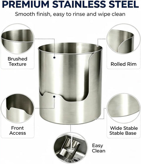Heavy Duty Stainless Steel Kitchen Utensil Holder And Countertop Caddy Game Changer with brushed texture and rolled rim.