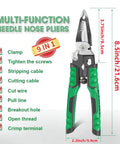 Needle Nose Pliers Electrician Pliers All In One 9 In One Wire Stripper Cutter Crimping Tool for DIY pros, green handle.