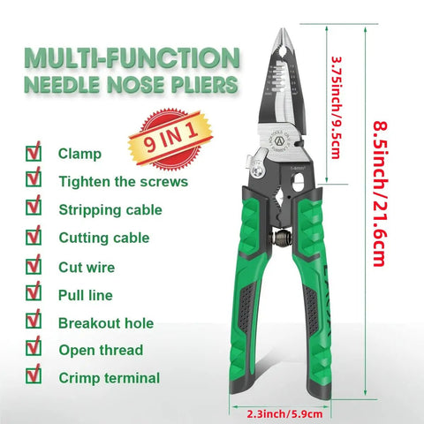 Needle Nose Pliers Electrician Pliers All In One 9 In One Wire Stripper Cutter Crimping Tool for DIY pros, green handle.