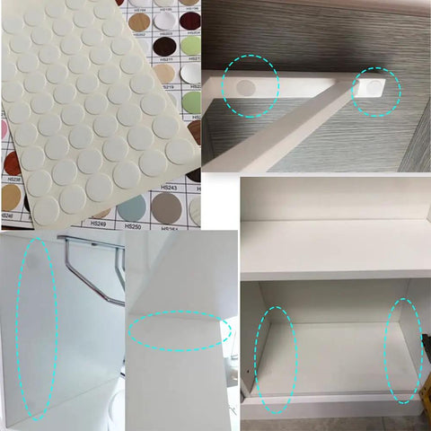 Self Adhesive Screw Hole Covers 384 Pcs 15mm White PVC Dust Proof Stickers For Wood Furniture shown on cabinets.