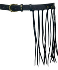 Dope Fringe Belt With Antique Bronze Buckle And Adjustable Waist Strap For Vintage Industrial Vibes And Edgy Streetwear Fits Dynamic Tassel Design Casual Accessory. Black leather belt with long tassels.