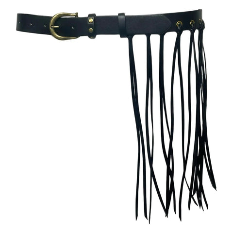Dope Fringe Belt With Antique Bronze Buckle And Adjustable Waist Strap For Vintage Industrial Vibes And Edgy Streetwear Fits Dynamic Tassel Design Casual Accessory. Black leather belt with long tassels.