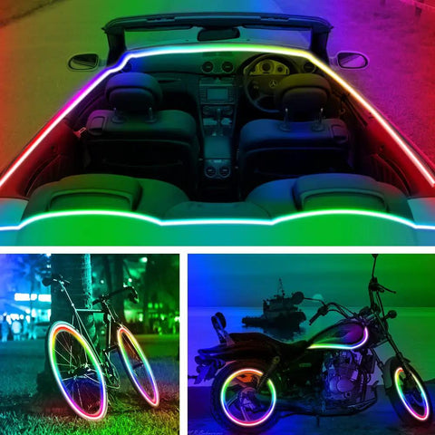 Battery Operated RGB LED Strip Lights 13.12 Ft Color Changing Strip With Music Sync App And Remote Control on vehicles at night