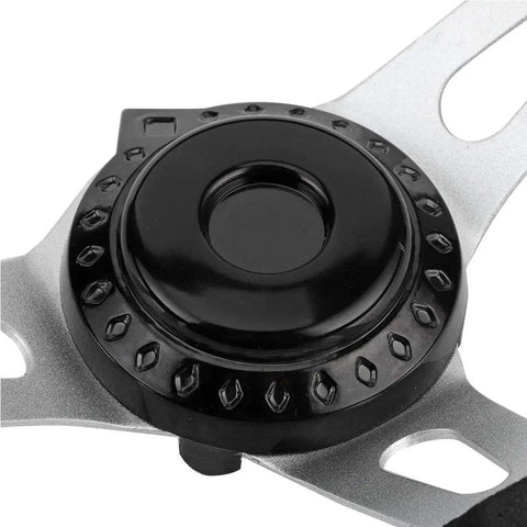 Close-up of 270mm Universal Go Kart Steering Wheel With Ergonomic Grip and smooth alloy ABS construction for racing.
