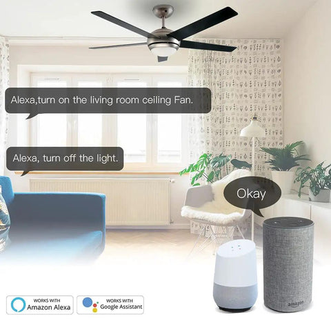 Living room scene with WiFi Smart Ceiling Fan Light Wall Switch with Remote Timer and Countdown, Alexa and Google Home.