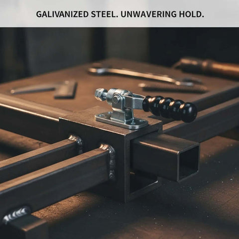 Fast Action Toggle Clamp With One Motion Lock securing metal workpiece, heavy duty zinc plated iron for woodworking and metalworking.