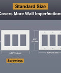 Five Pack Matte White 3-Gang Screwless Wall Plate Cover for Light Switches Dimmers USB GFCI Receptacles showing dimensions