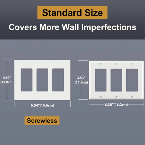 Five Pack Matte White 3-Gang Screwless Wall Plate Cover for Light Switches Dimmers USB GFCI Receptacles showing dimensions