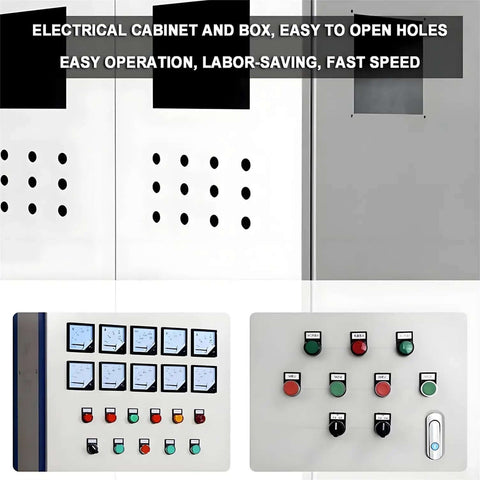 Electrical cabinet panel showing holes made by Rechargeable Hydraulic Hole Punch Kit With Six Dies For 22 To 60 mm Holes 21V Battery Pack.