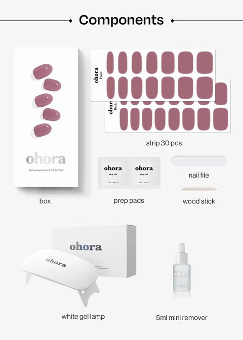 Components of Semi-Cured Gel Nail Strips Value Set With Full Size Lamp And Mini Remover Bare Plum Starter Kit displayed
