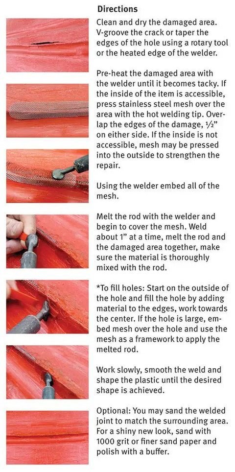 Steps showing the use of 200 Watt Plastic Repair Kit for Quick DIY Fixes with Polyethylene Welding Strips and Stainless Steel Mesh
