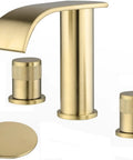 Brushed Gold Bathroom Sink Faucet Eight Inch Widespread With Two Handles Brass Waterfall Lavatory Vanity Faucet Overflow Pop Up Drain Assembly Drip Free Ceramic Cartridge.